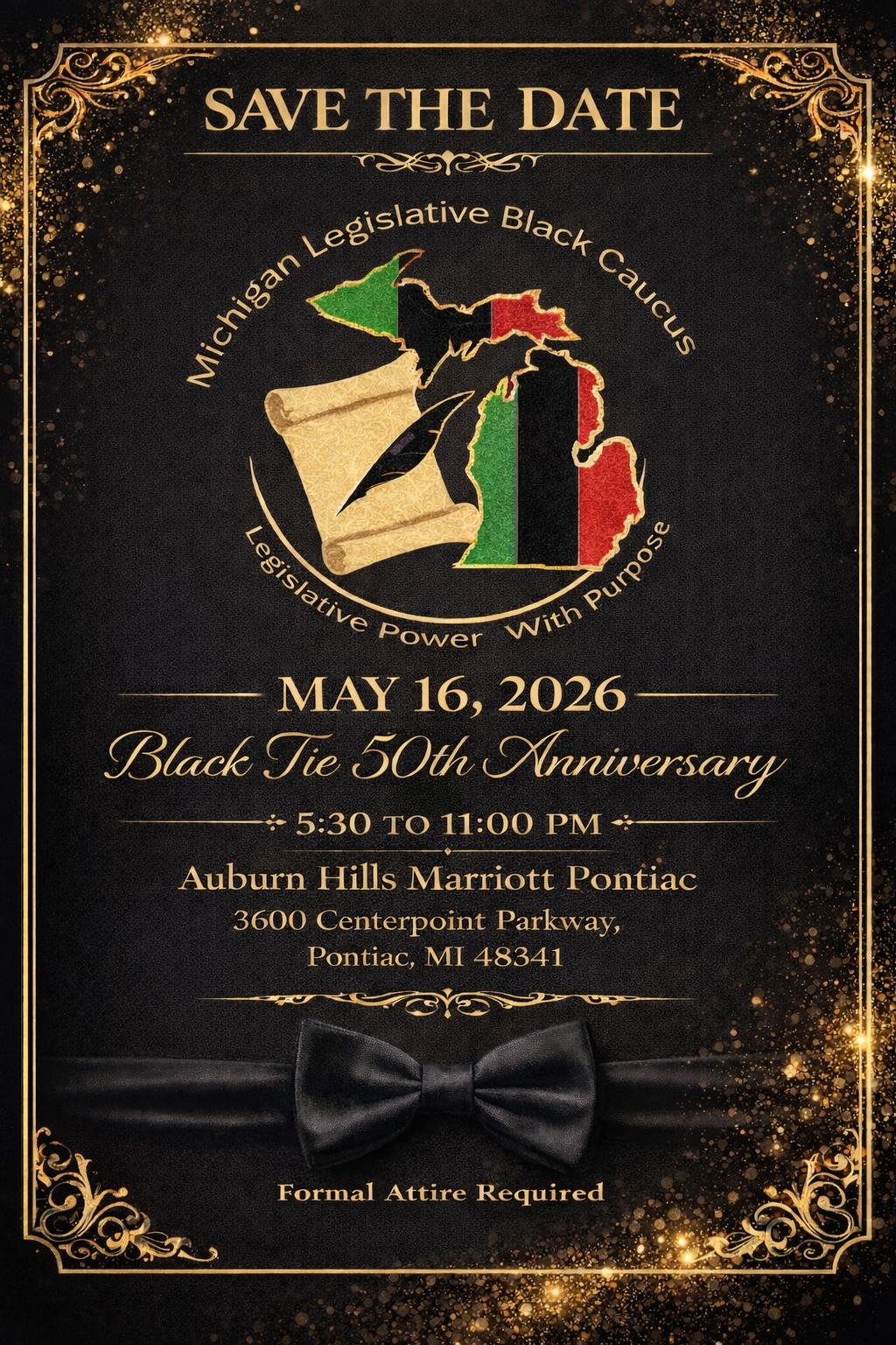 Save the Date | Michigan Legislative Black Caucus, Legislative Power With Purpose | May 16th, 2026 | Black Tie 50th Anniversary